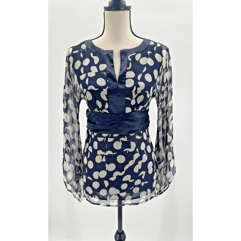 VTG Y2K Carole Little Top Silk Polka Dot Split V-Neck Waist Banded Retro Classic